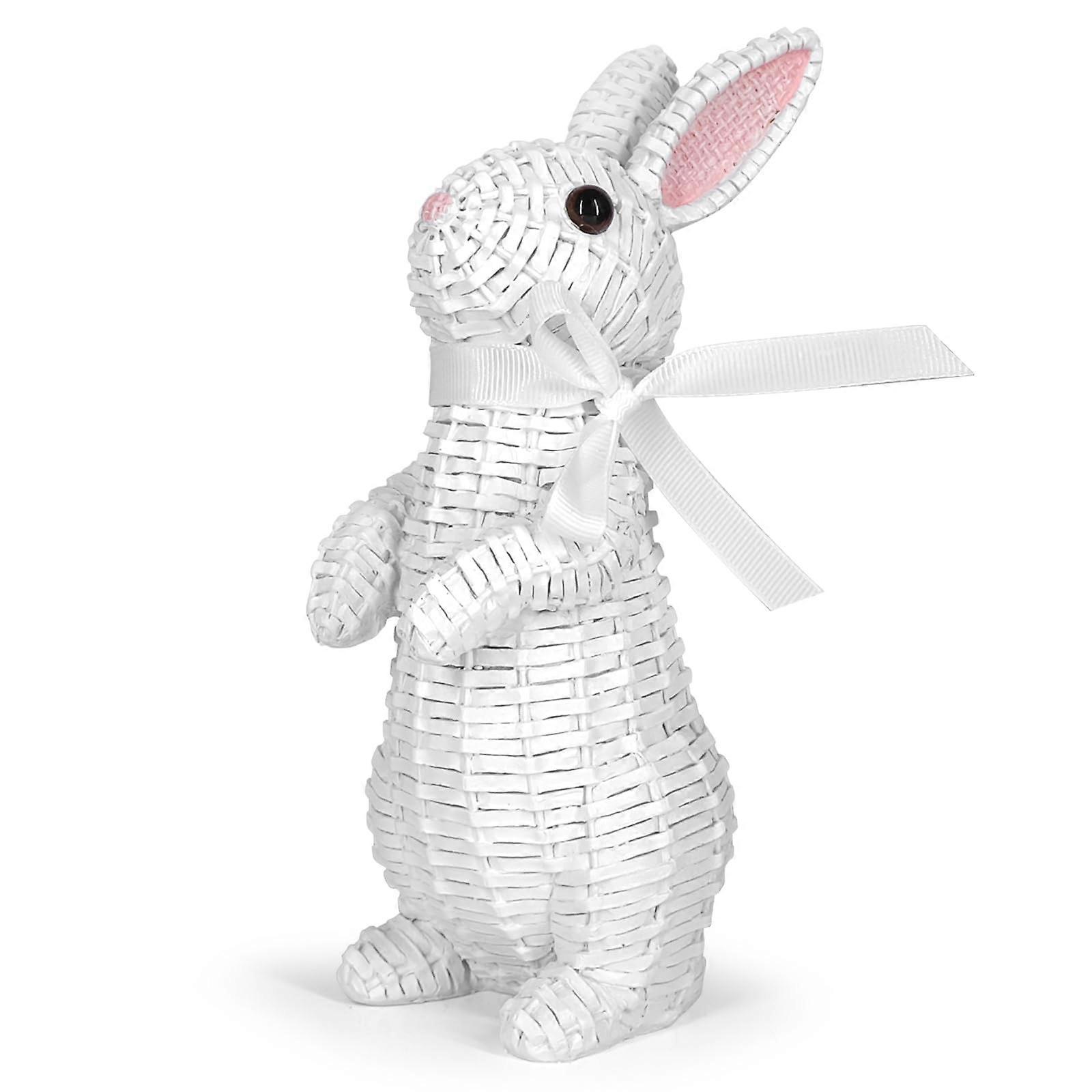 Rattan Effect Resin Rabbit Easter Decor, White Spring Bunny Table Decoration Statue for Home Farmhouse