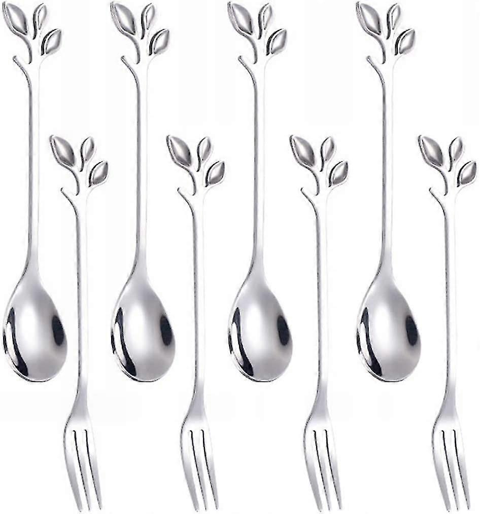8 Pcs 4.7"small Leaf Handle Coffee Spoons & Forks (silver,4+4)