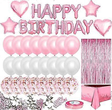 Pink Birthday Party Decoration for Girls Happy Birthday Banner Baloons Fringe Curtain Foil Tablecloth Heart Star Foil Confetti Balloons and 10g Table