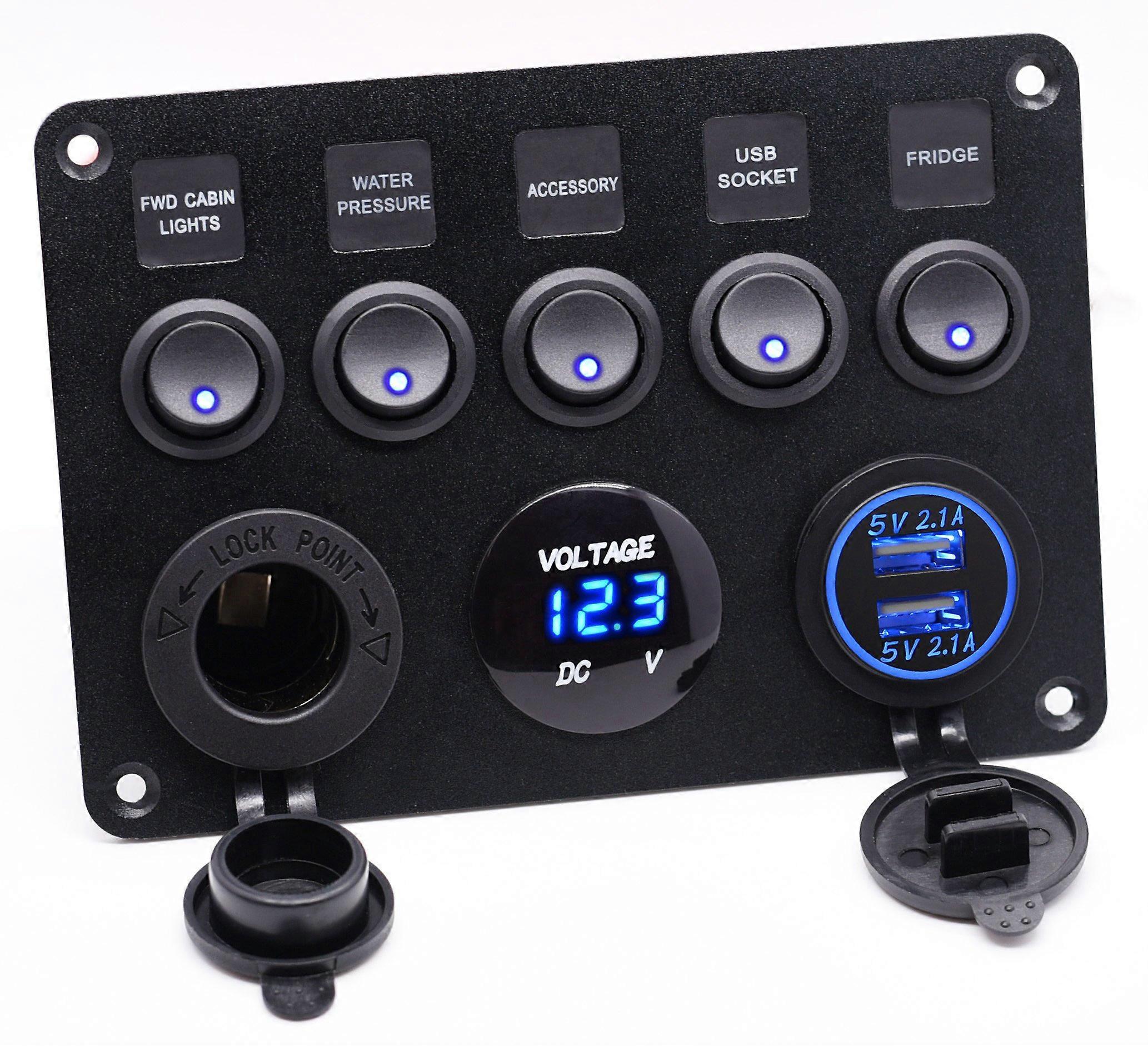 Dual USB Socket Charger 2.1A2.1A  LED Voltmeter  12V Power Outlet  5 Gang Switch Panel for Vehicles