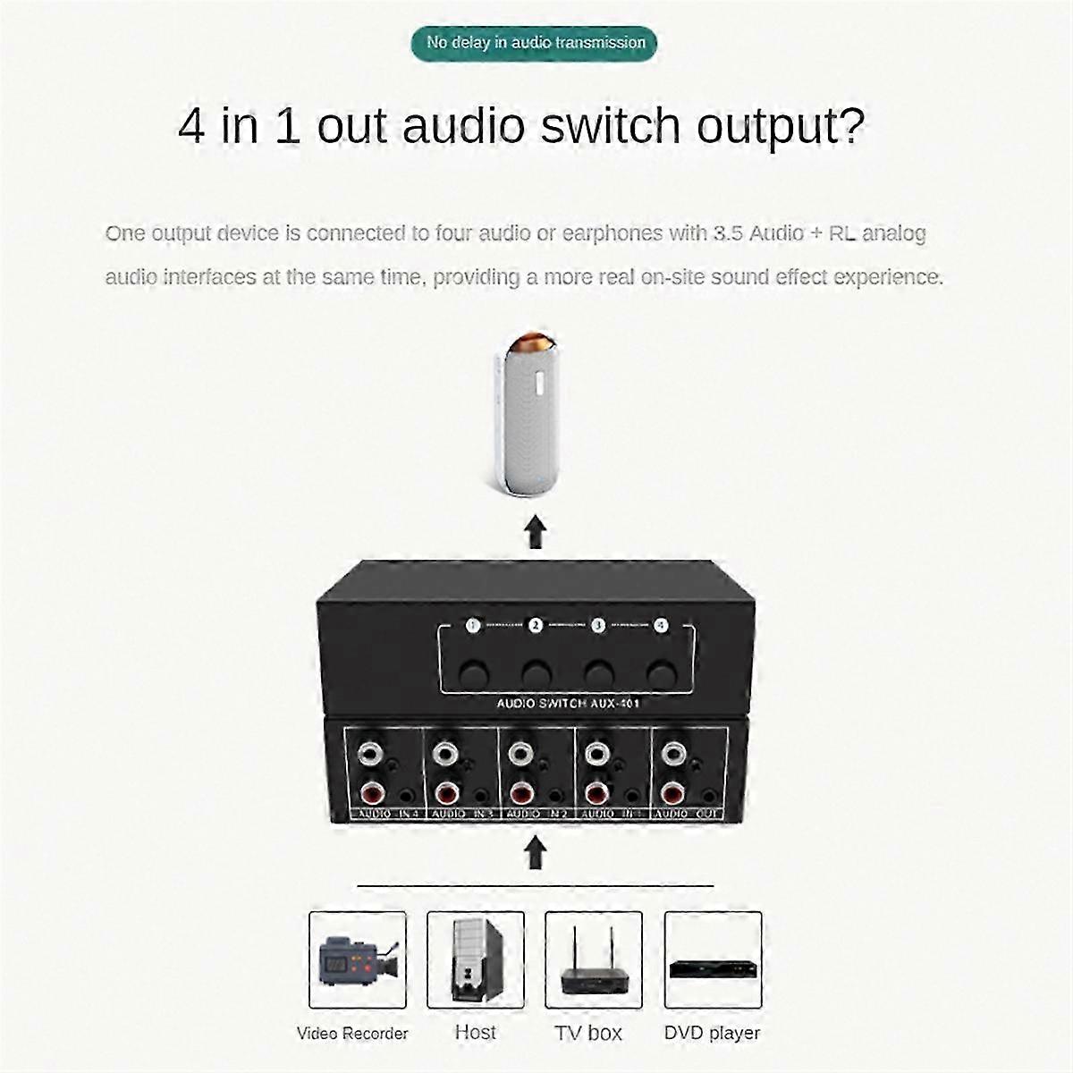 AUX o Switcher 4 in 1 Out Stereo o Selector 4X1 3.5mm Aux L/R o Switch Box Analog o Selector, A