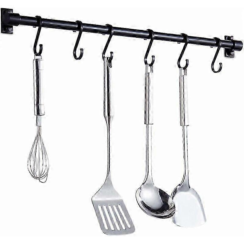 Wall Mounted Kitchen Utensils Bar 40CM with 6 Removable Hooks (Black)