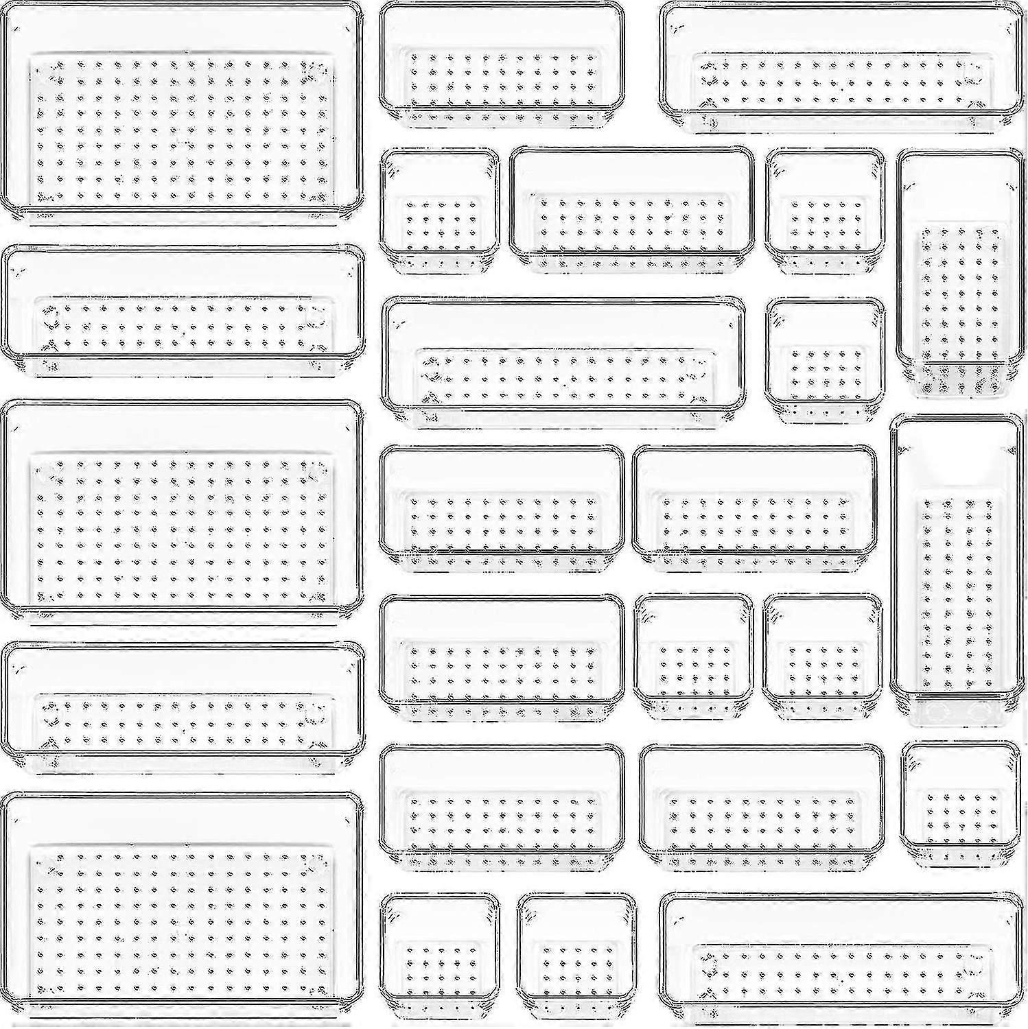 25 Pcs Clear Plastic Drawer Organizer Set 4-Size Bathroom Vanity Tray
