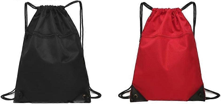 2pcs Student Nylon Drawstring Fitness Backpack Solid Color Beam Lightweight Backpack (Red+Black)