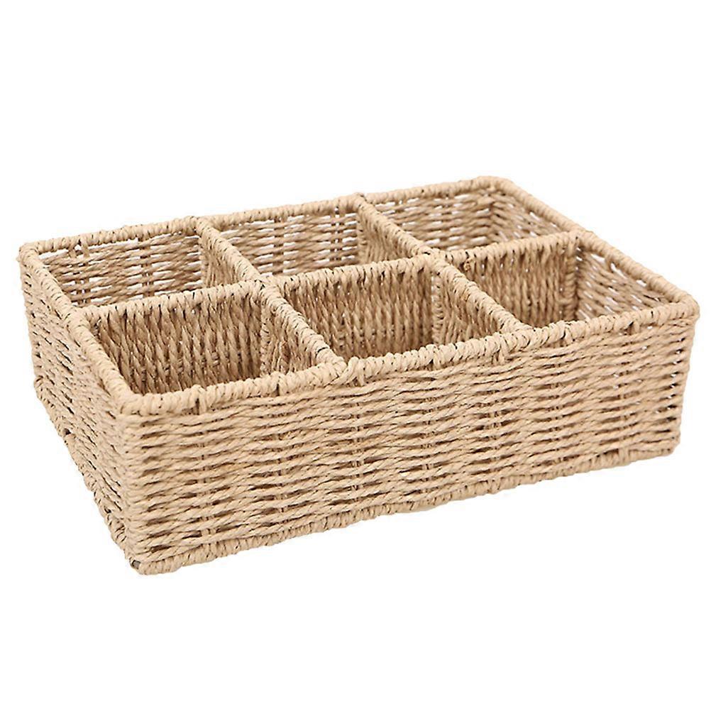 Retro 6 Compartment Woven Basket Storage Organizer for Home, Office, Snacks, Cosmetics, Toiletries, and Decor