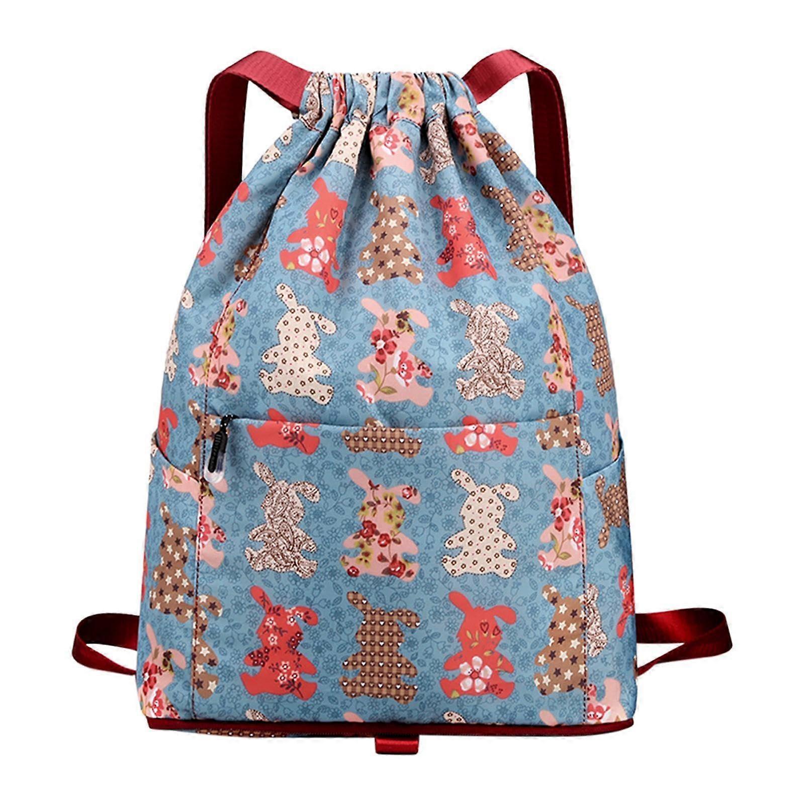 Waterproof Drawstring Bag | Large Capacity Outdoor Sackpack with Bunny Illustration, Durable Sport Rucksack for Hiking and Travel