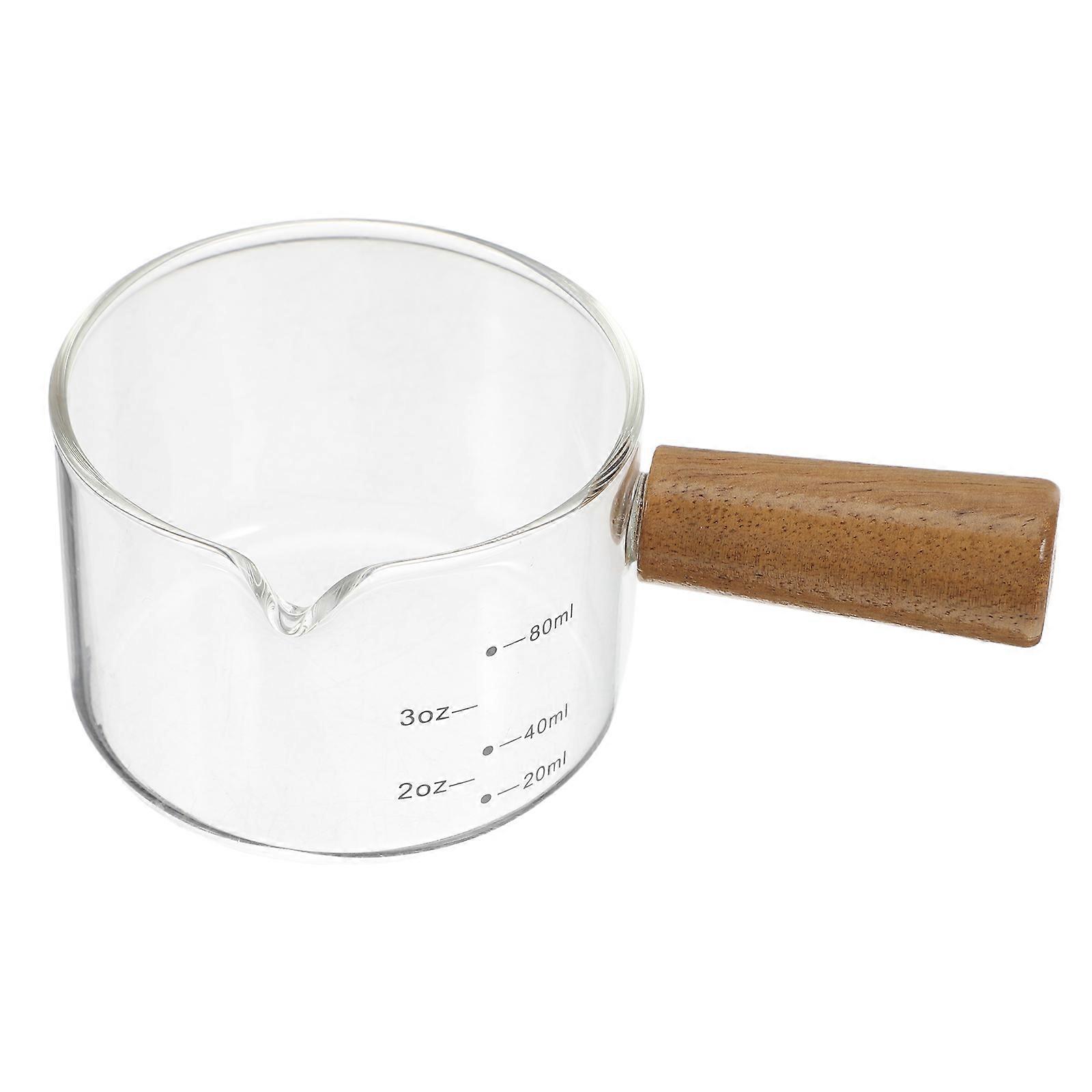 Compact Transparent Glass Mini Milk Jug with Spout and Natural Wooden Handle for Espresso Frothing, Measuring, and Steaming – Ideal for Home and