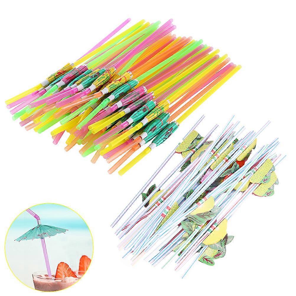 100 Assorted Color Hawaiian Straws with Fruit and Umbrella Patterns for Party Drinks and Table Decoration
