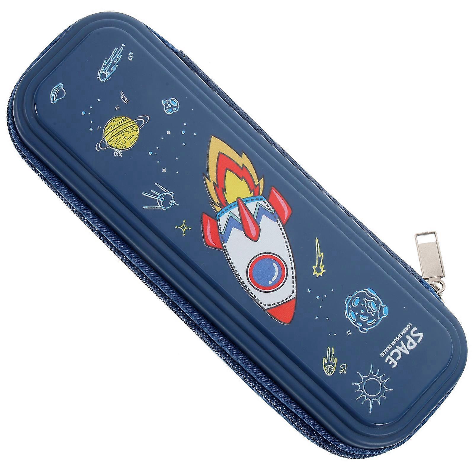 Cartoon Style Storage Pencil Case Large Capacity 3D Rocket Shape For Students Dark Blue EVA Material 1Set