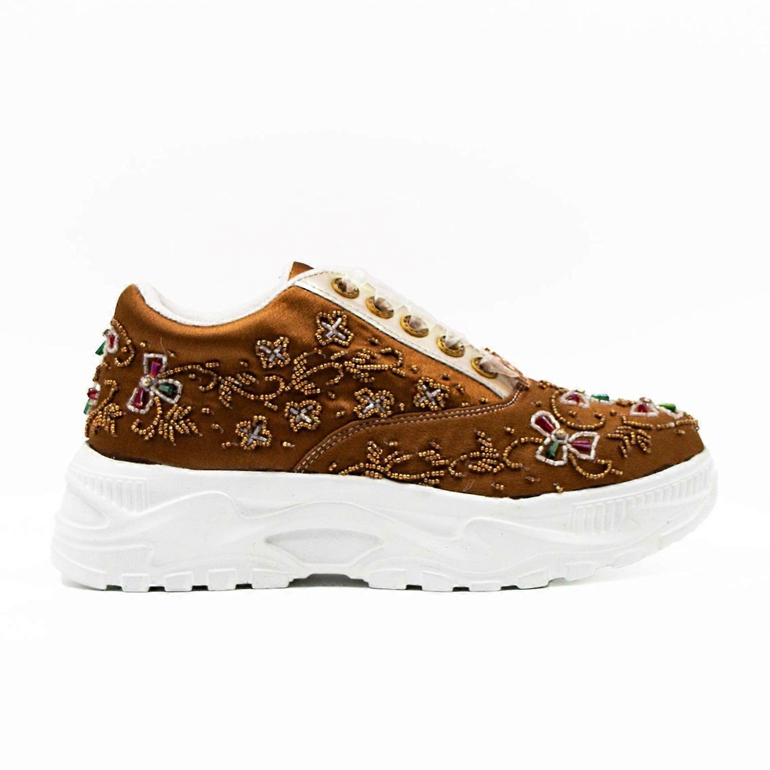 Evelyn luxury tan satin handmade embellished trainers