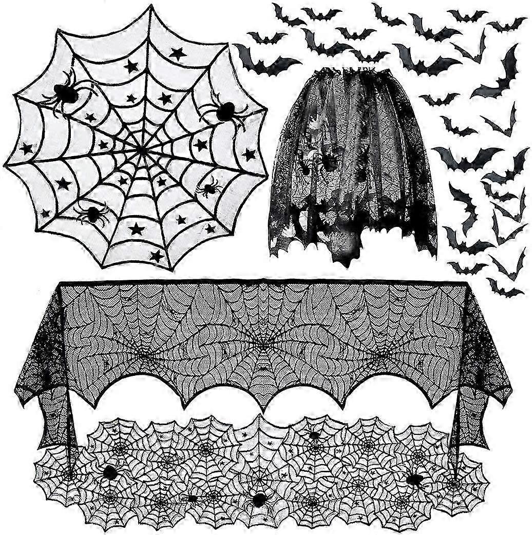 Halloween Round Lace Tablecloth with Spider Web & Bat Design