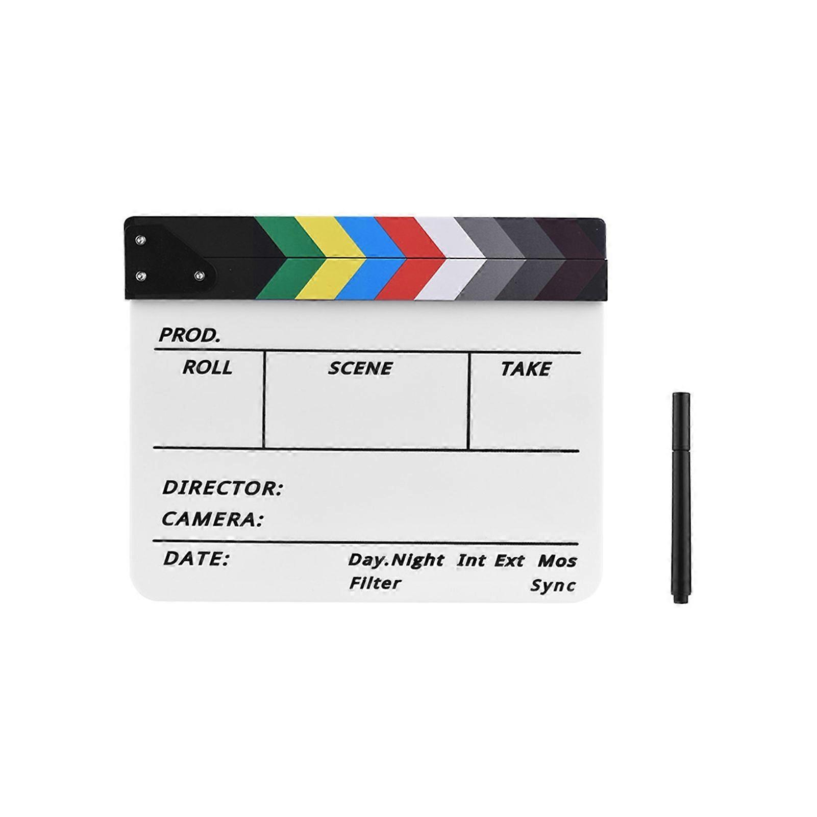 Dry Erase Acrylic Director Film Clapboard Movie TV Cut Action Scene Clapper Board Slate with Marker Pen, Color Stick, White
