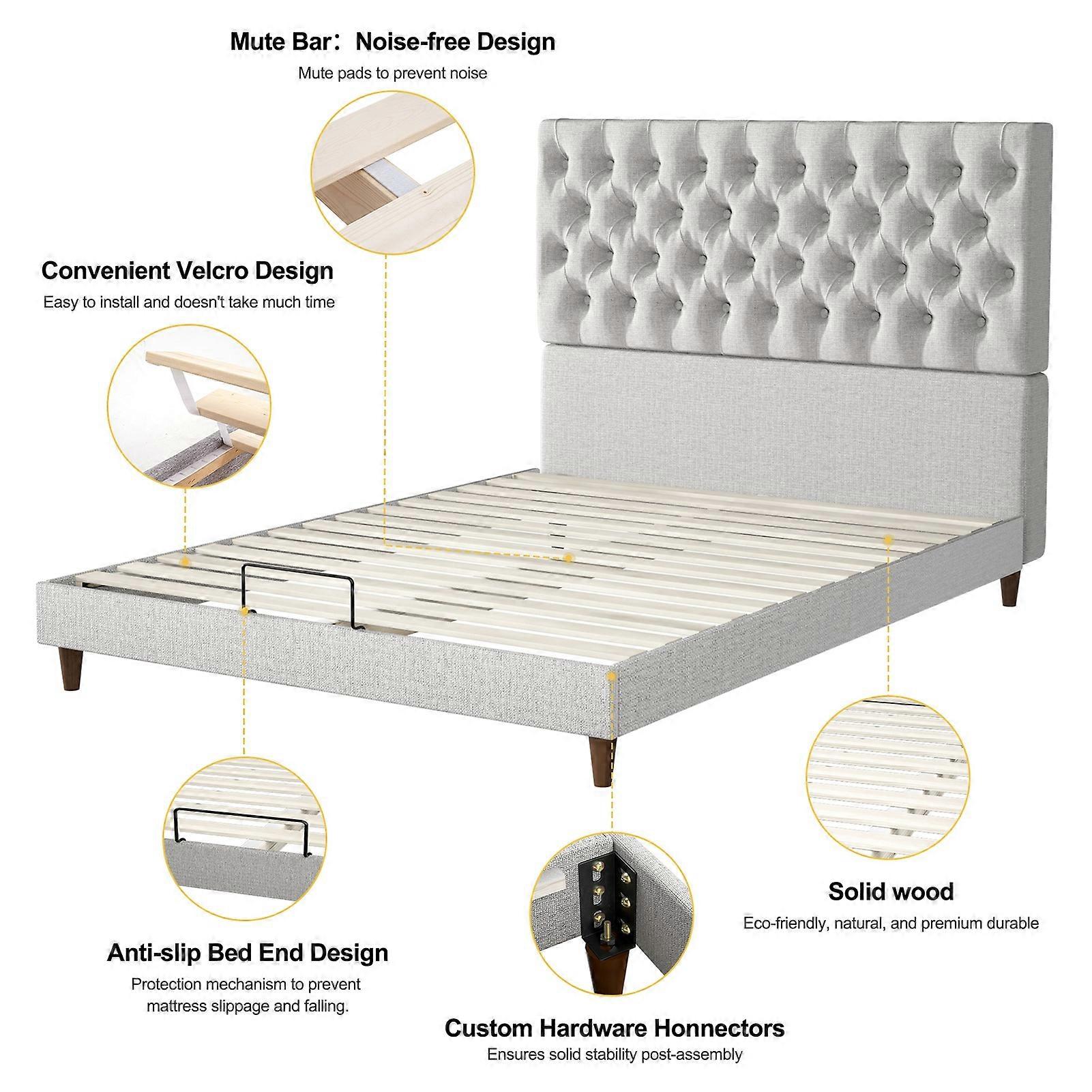 Modern Upholstered Bed with Sturdy Frame, High Back Headboard