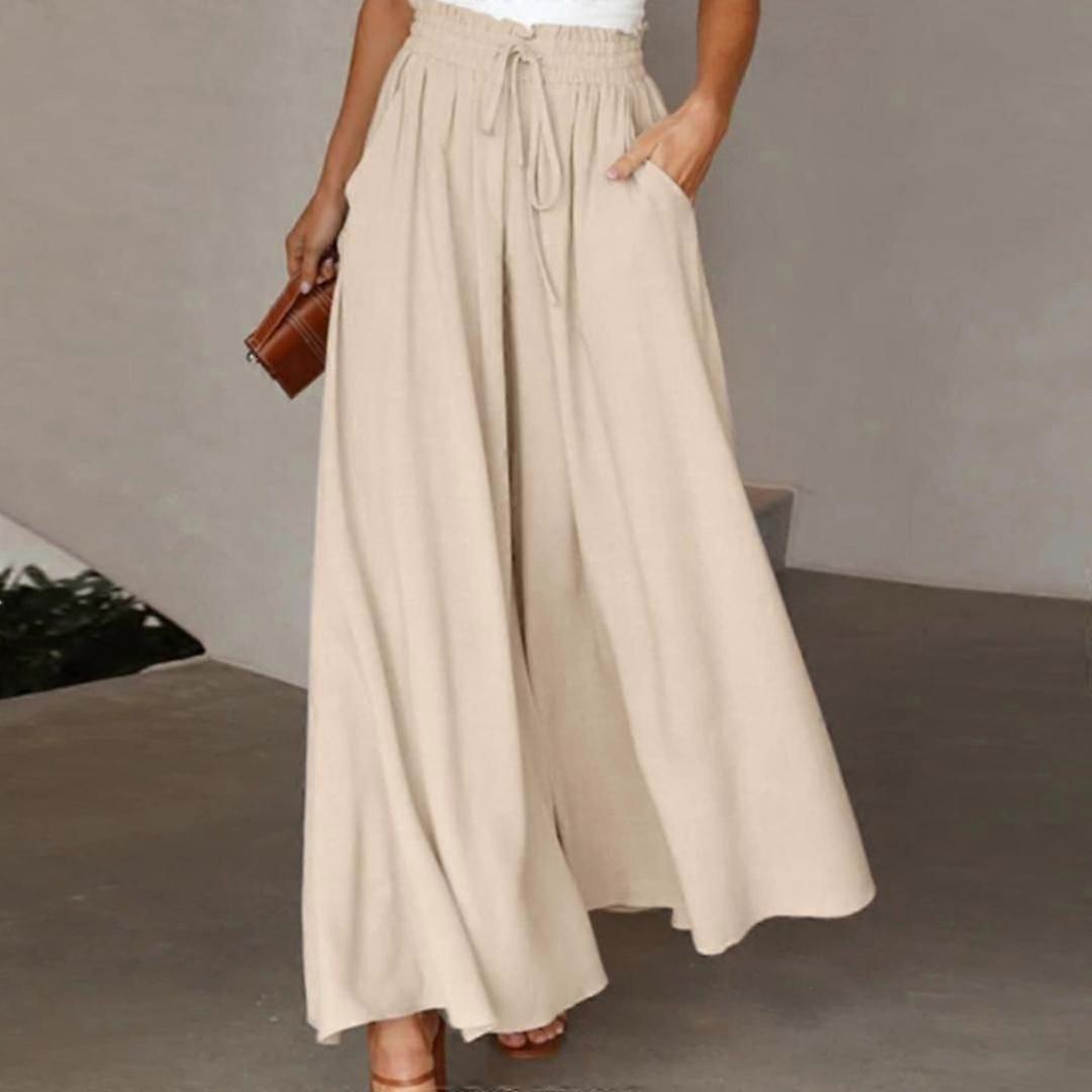 Women's Solid Color Trousers Elastic Belt Wide Leg High Waist Long Culottes