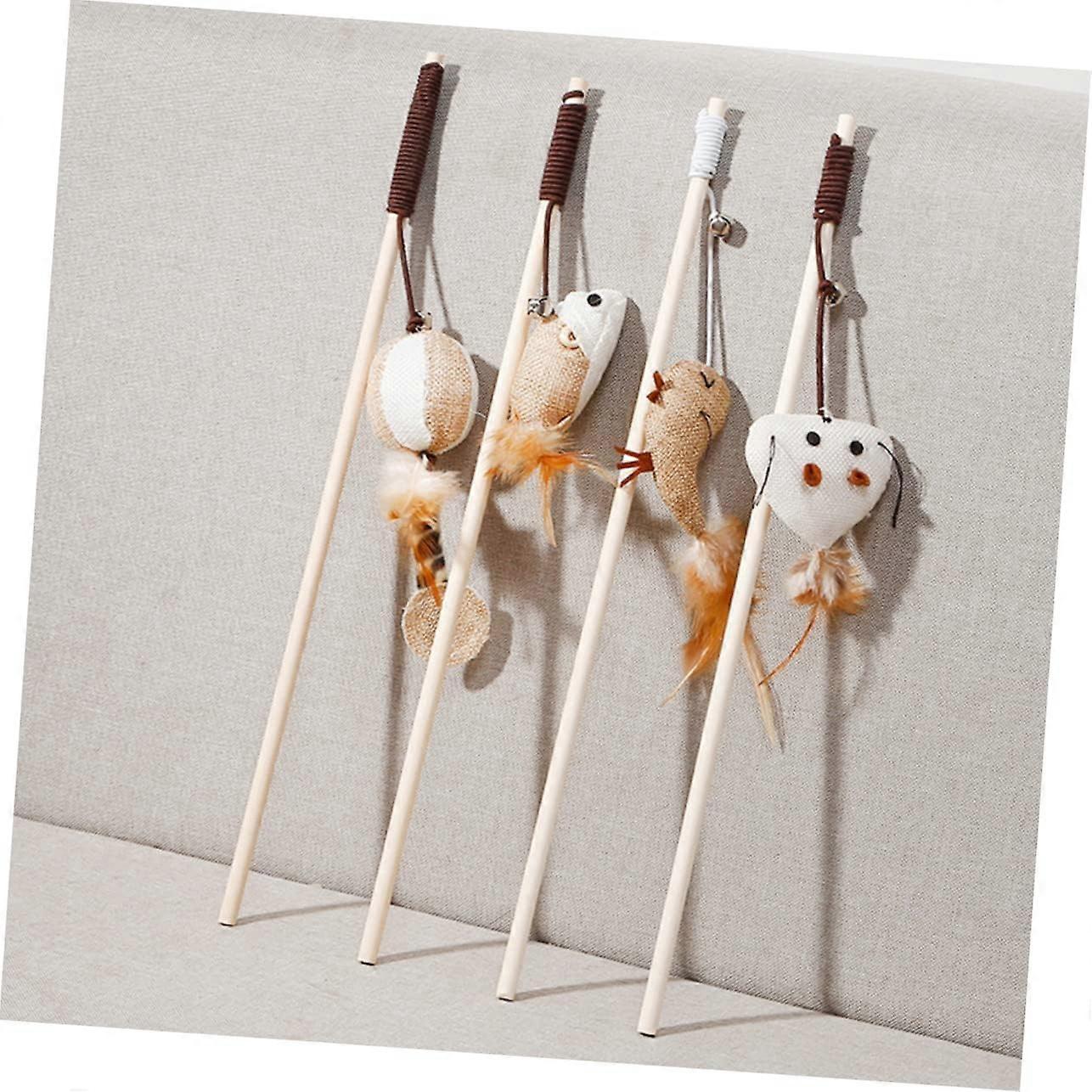 Cat Teaser 4 Pack Wooden Handle Interactive Set With Plush Pendants Ring Bell For Indoor Play
