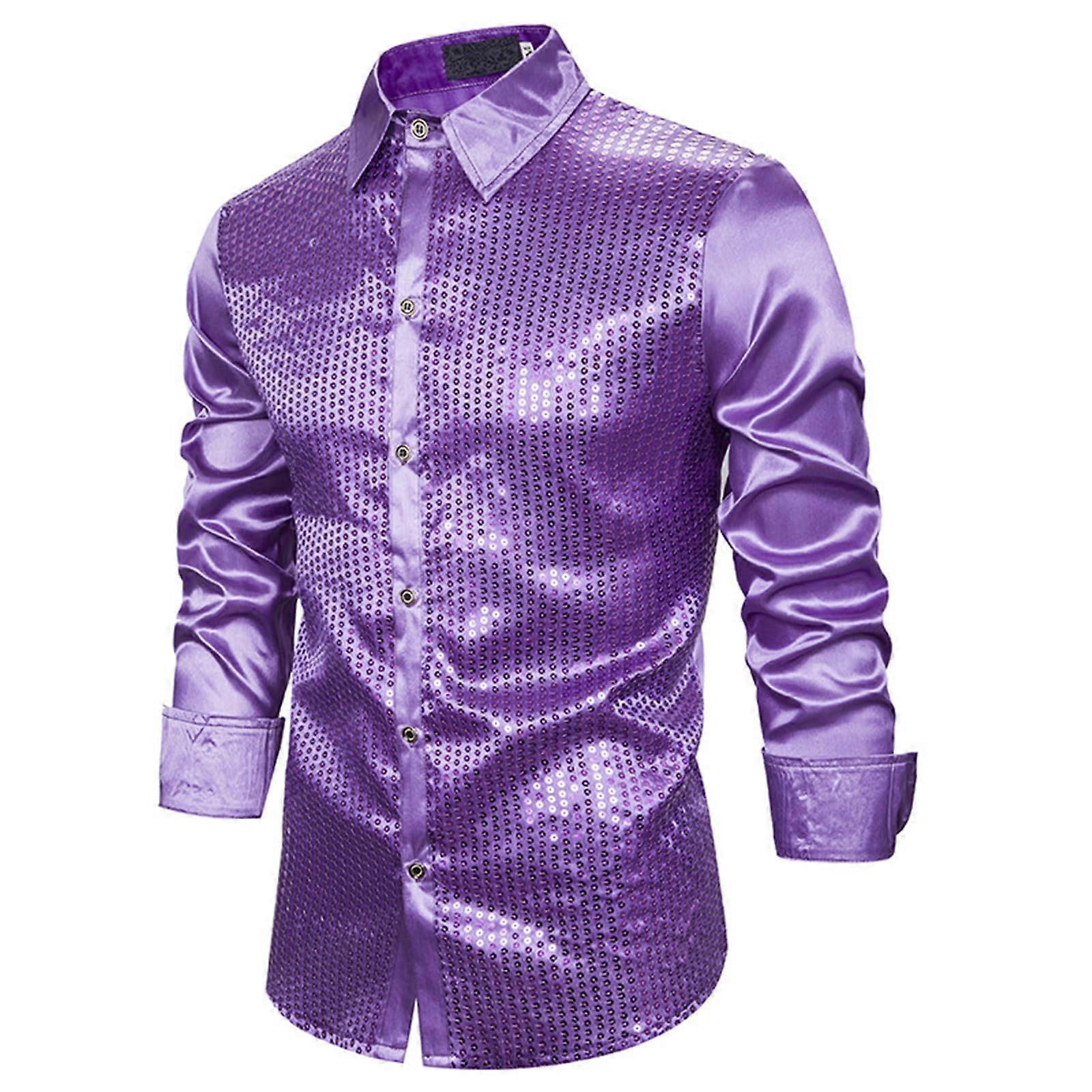 Men's Sequin Dress Shirt, Purple XL, Stretch Regular Fit, Long Sleeve Button Down, Formal Casual Shirt
