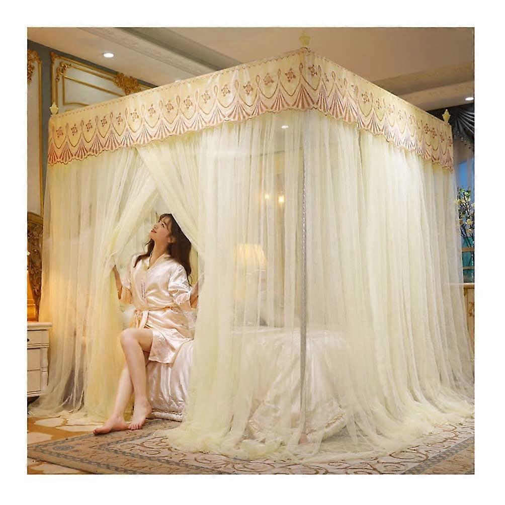 4 Corner Post Bed Canopy Mosquito Net Yellow 180X200CM 71X79IN Square  Large Space With Stand Lace Bed Curtain