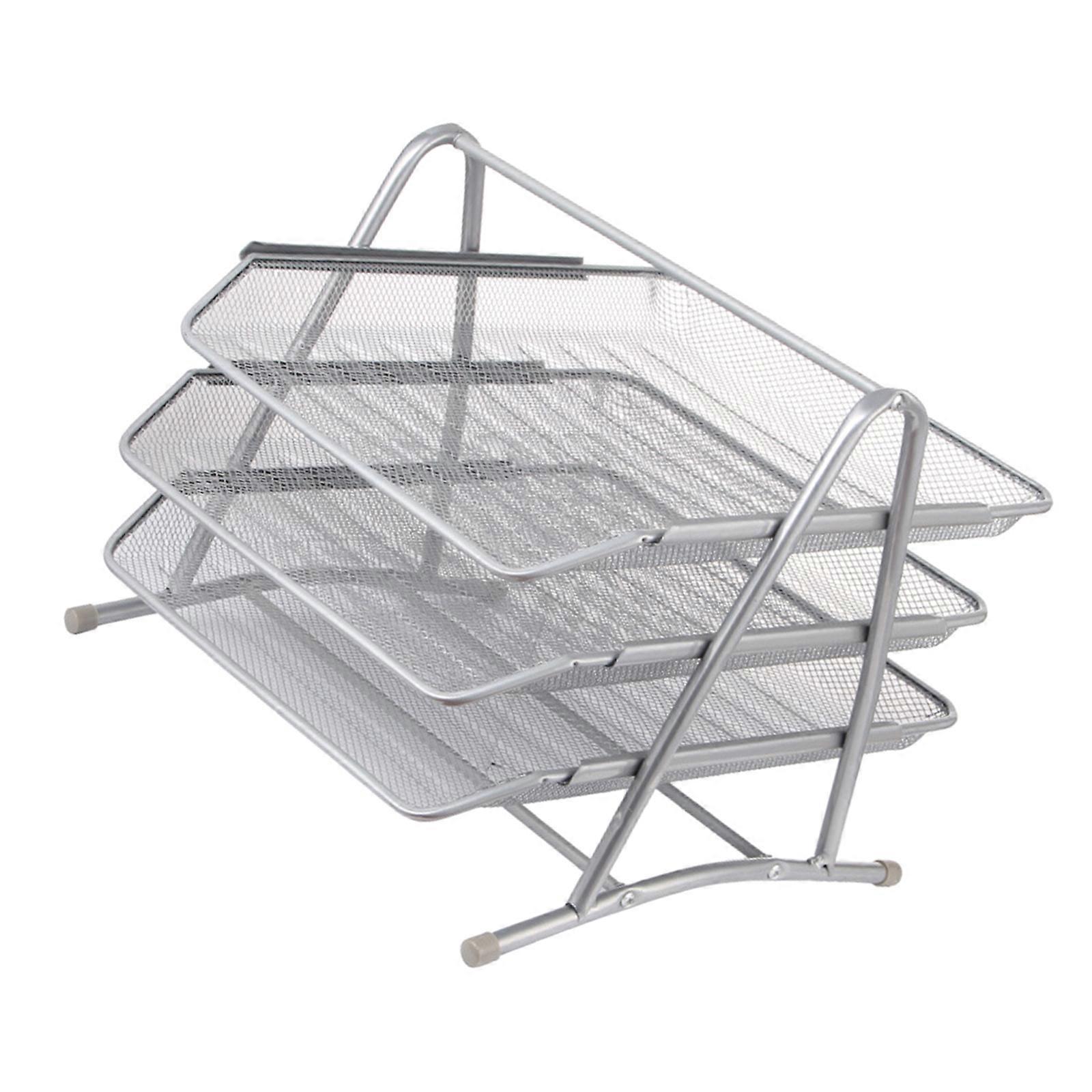 Multiple Level Metal File Storage Rack Ventilated Wire Mesh Design Documents Tray for Office Desk Organizers System  silver