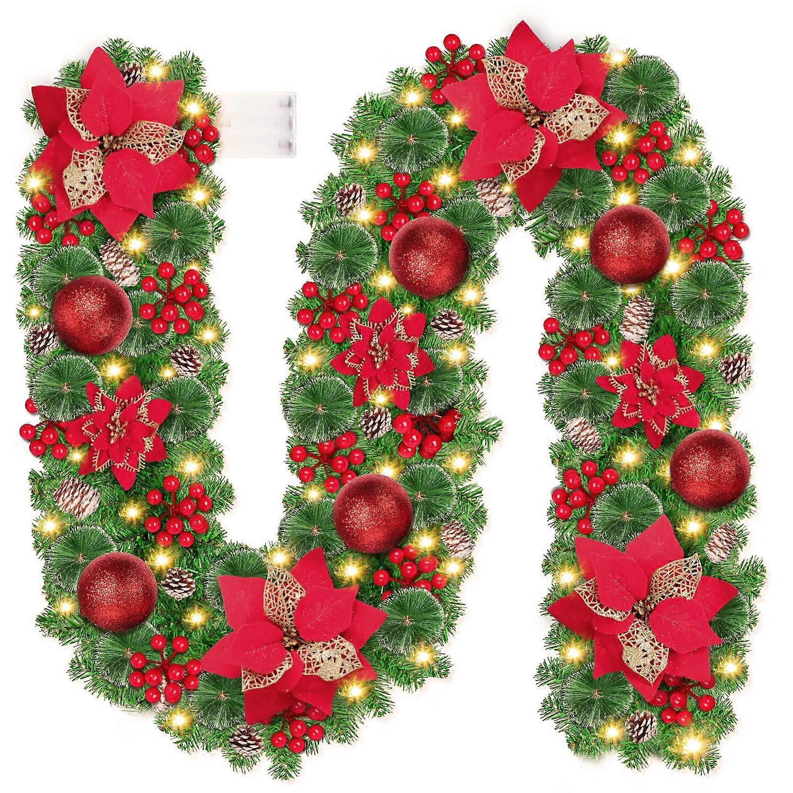 Christmas Garland with 30 LED Lights 2.7m Battery Powered Wreath for Fireplace Stairs Door Tree