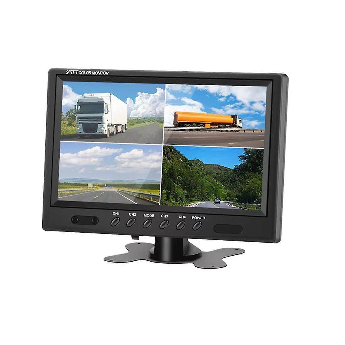 9 Inch Backup Camera Monitor Quad Split Screen 4 Channels HD Vehicle Rear View Reverse Color TFT LC