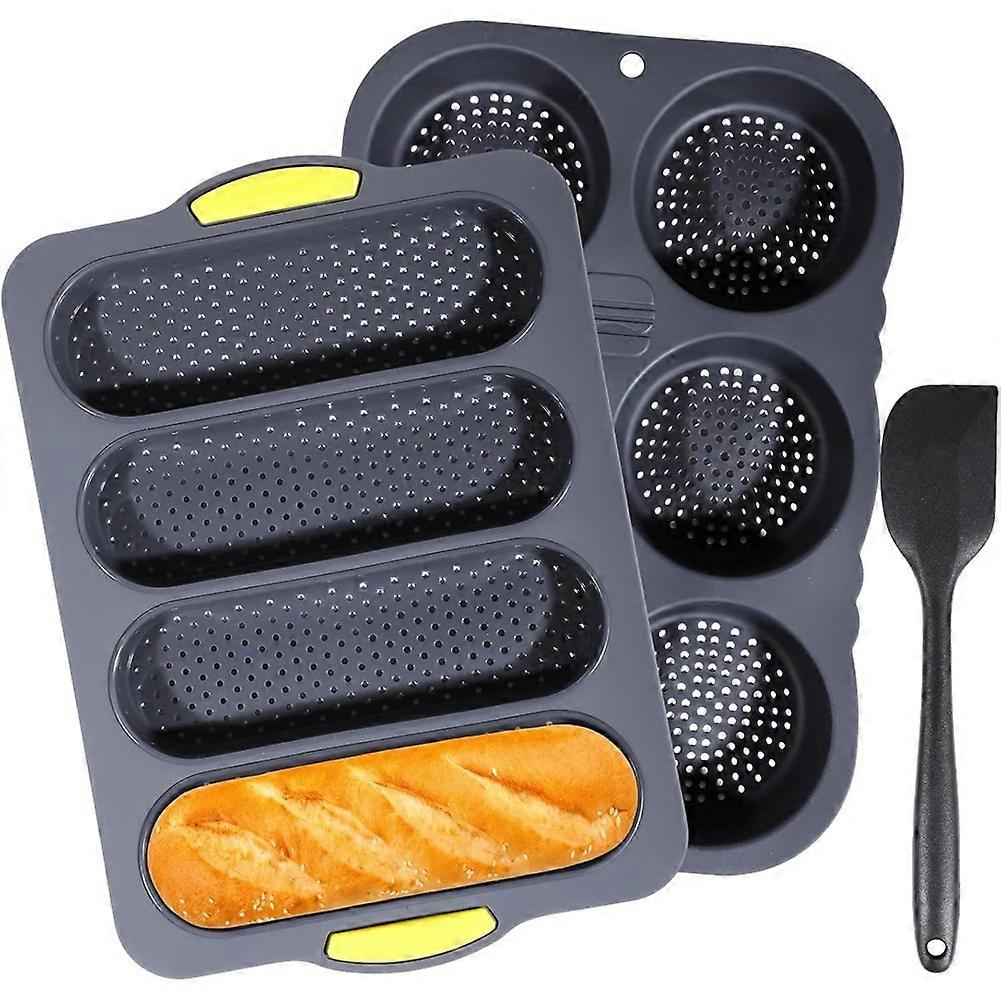 Silicone Pan and Hamburger Bun Pan Set,Non-Stick French Bread Baking Mold,Wave French Bread Baking Tray,with Scraper