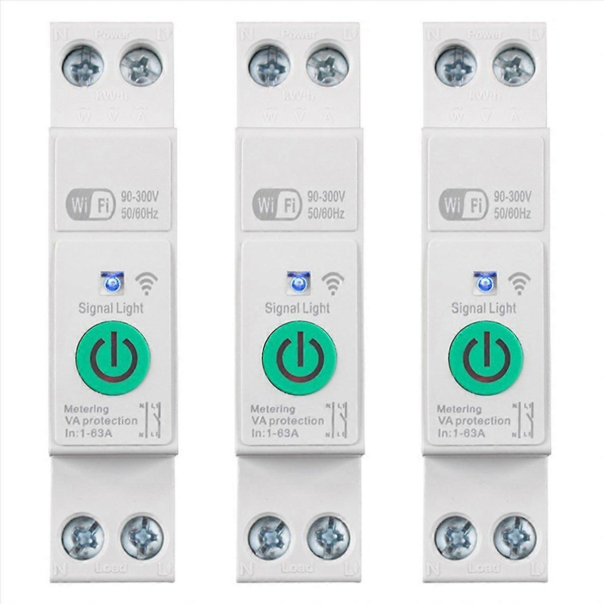 3X Tuya WiFi Smart Circuit Breaker 1P+N 63A Din Rail Switch with Electricity Statistics Remote Voice