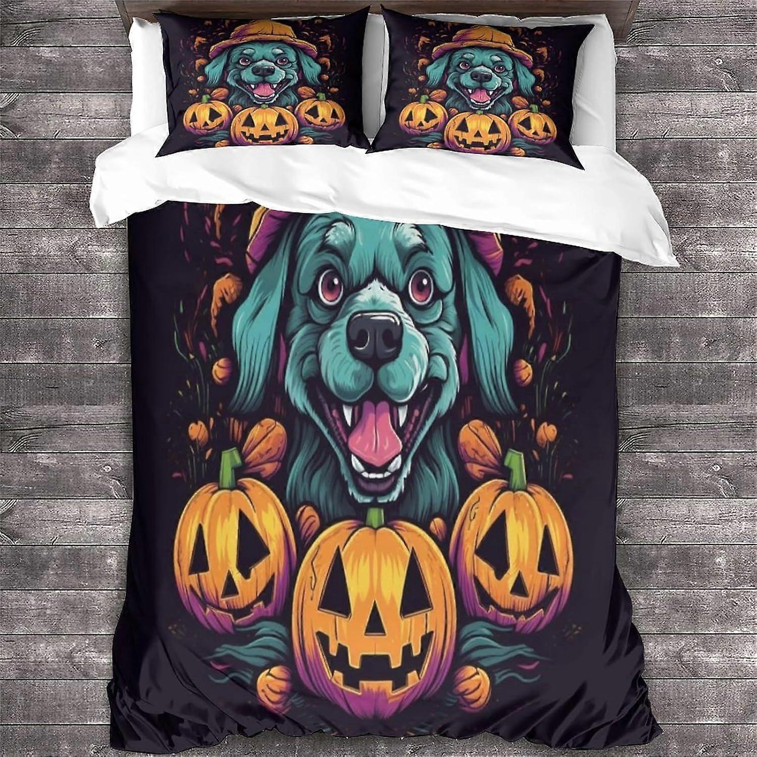 LikeEj 3 Peças Dog Duvet Cover Set 3D Animal Printed Halloween Tema Cama Colcha Capa Edredom com fechamento com zíper, cama de microfibra Duplo