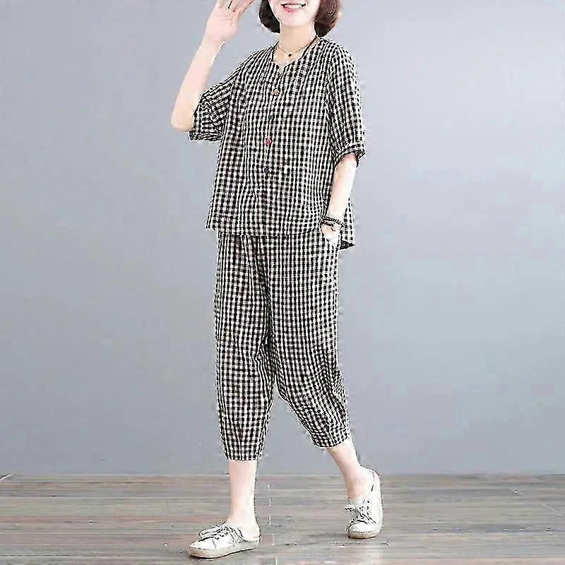 Large Size T-shirt Long Pants Two-piece Short-sleeved Tops Long Pants Loose Casual Retro Two-piece Cotton Two-piece Women's Clothing
