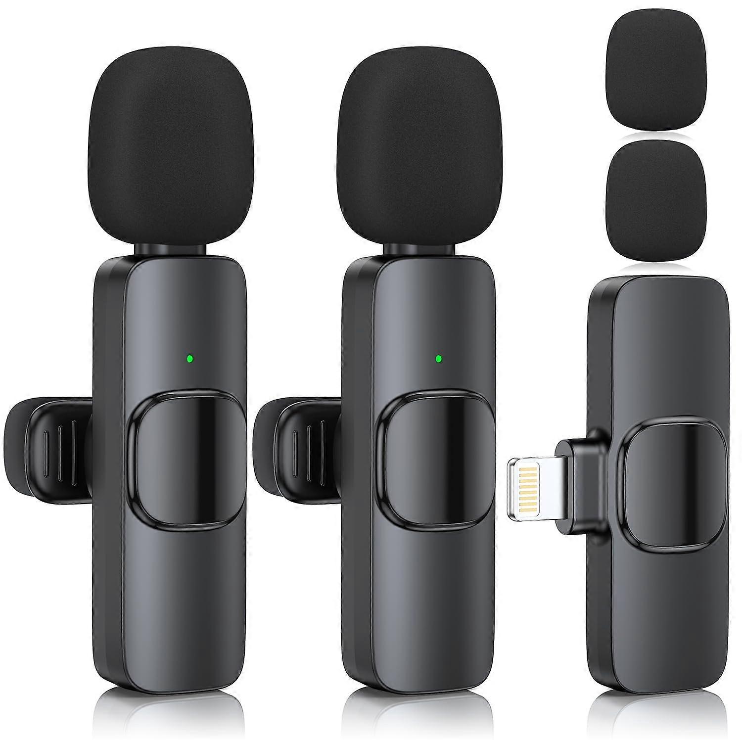 2 Pack Wireless Lavalier Microphone for iPhone and iPad, Noise Reduction, 65ft Range, 6H Battery Life, Black