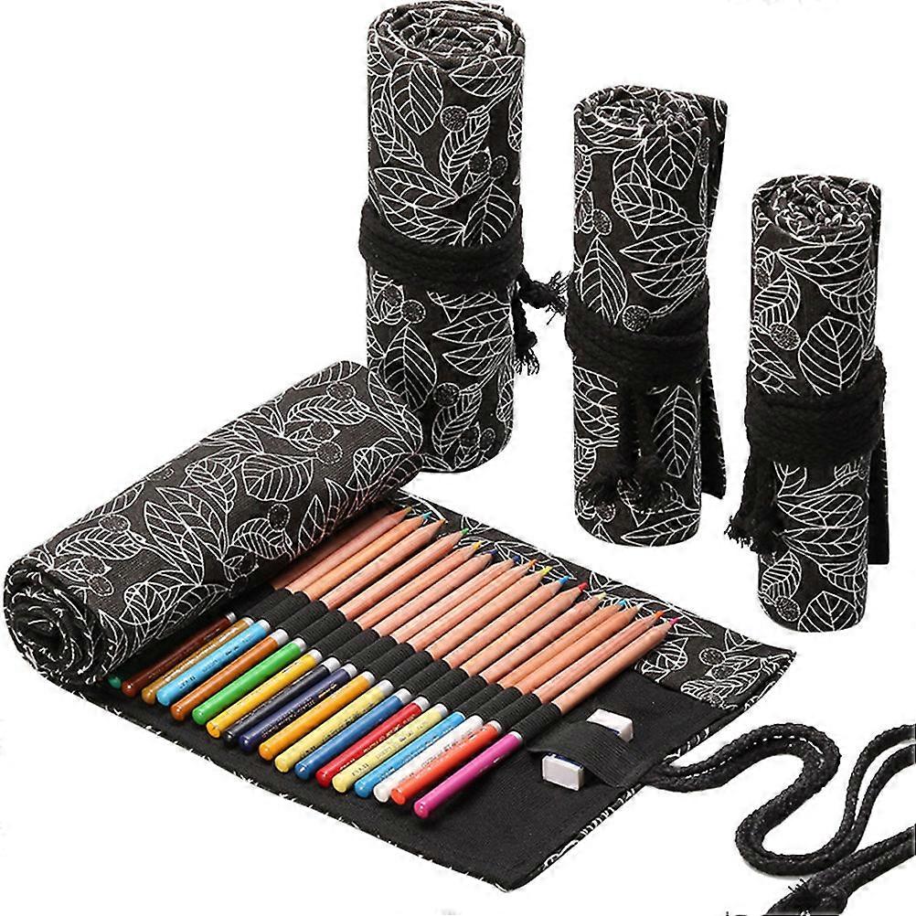 Canvas Pencil Roll Organizer for Holding Pencil 72 Slots Black Pattern