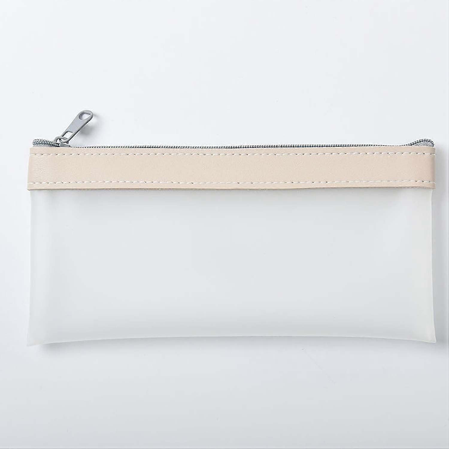 TPU Leather Pencil Case with Smooth Zipper, Small Beige Makeup Pouch for MultiUse Storage