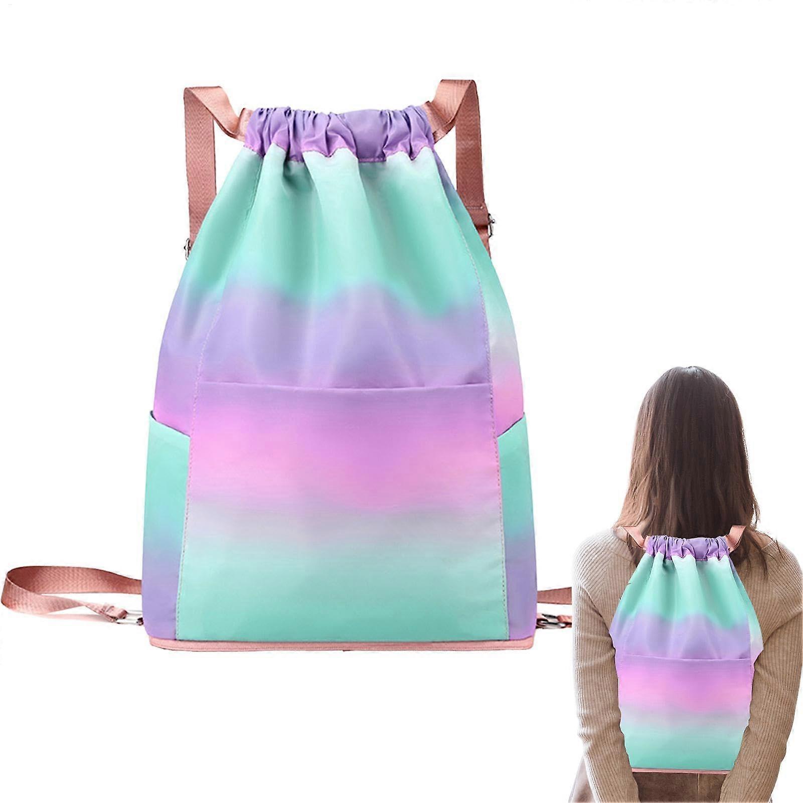 Drawstring Backpack Waterproof Nylon Large Capacity Foldable Hiking Travel Gym Bag Blue Purple Gradient