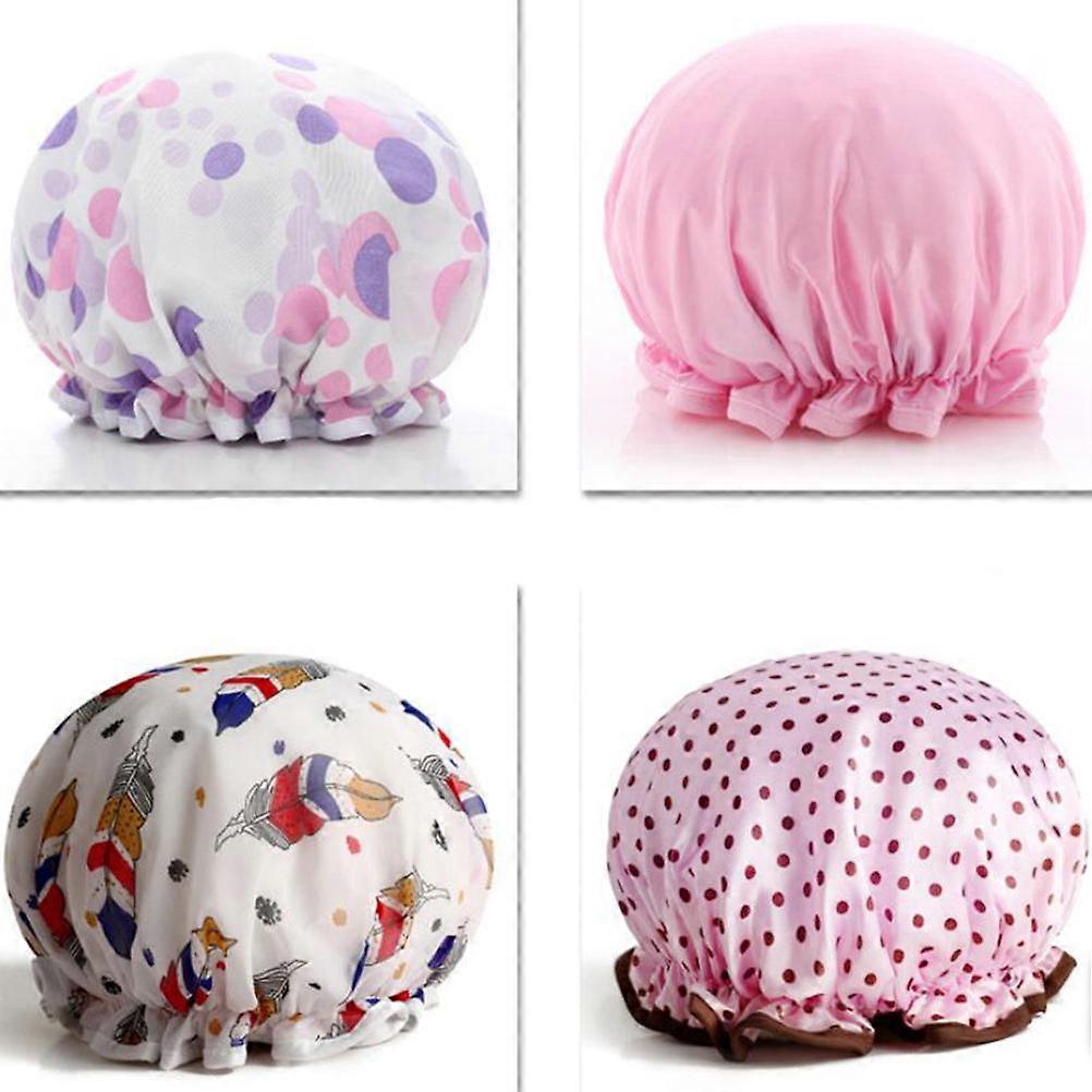 Waterproof Shower Caps Double-Layer Bath Caps for Bath 2Pcs Pink Style