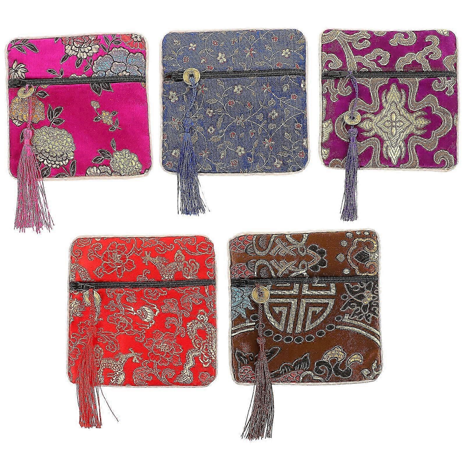Assorted Color Drawstring Pouch compatible with Storage Use 5Pcs Fabric Drawstring Coin Bag