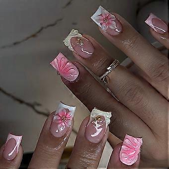 Press On Artificial Nail Art Pink Floral And cowrie Design Long Lasting Hand Accessories For Special incidents Multicolor