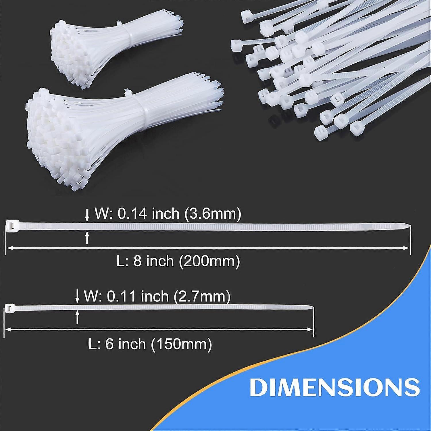 Zip Ties Assorted Sizes 6 + 8 Inch 500 Pack, White Zip