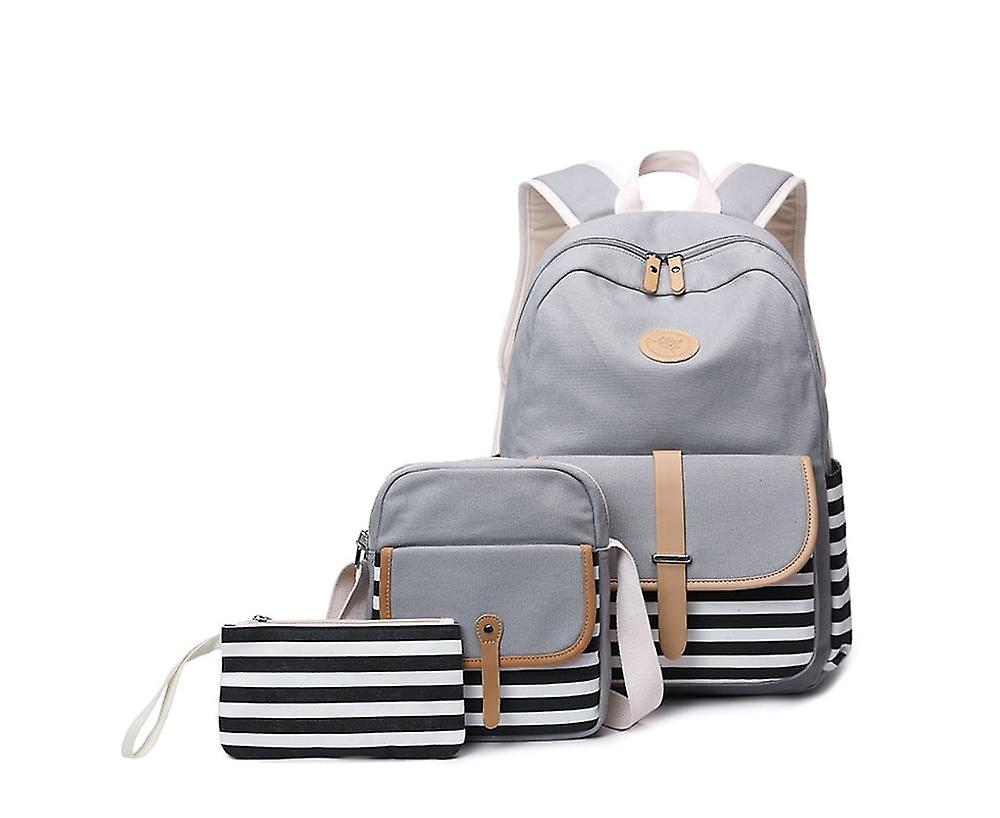 8893-1 3 Pcs/set Canvas Backpack Printed Student Schoolbag Striped Computer Bag(grey)