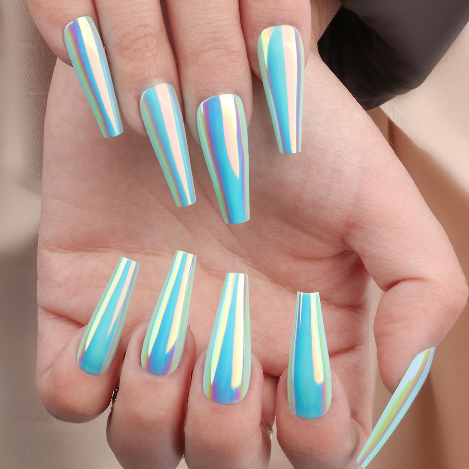 Aurora Blue Color False Nails Easy To Apply & Remove Nails