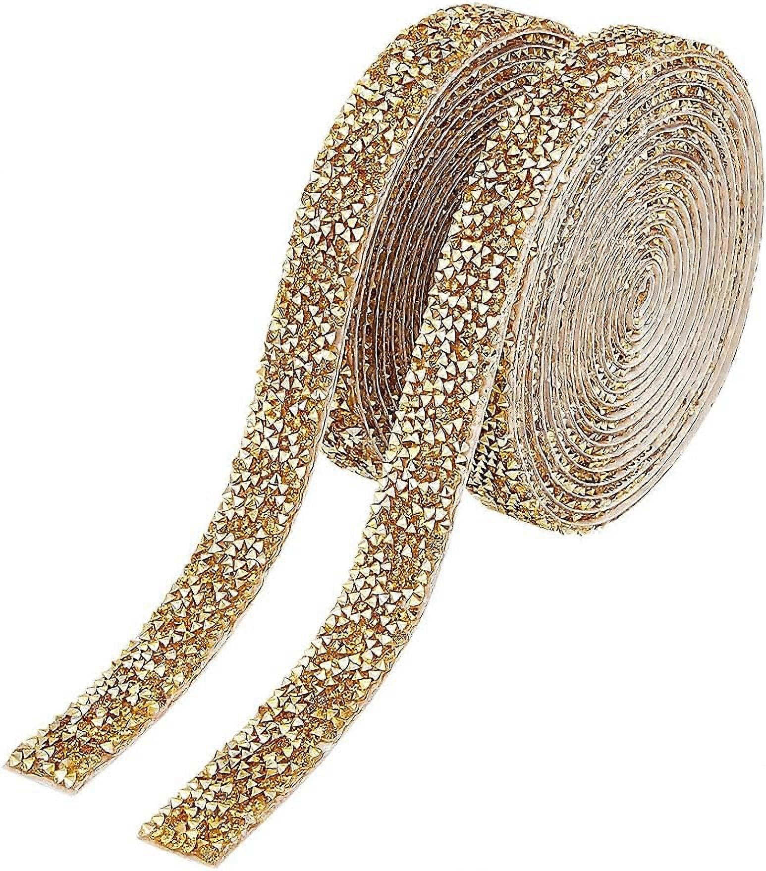 2Rolls 3Yards Rhinestone Ribbon Trim Gold Shiny Rhinestone Ribbon Resin Diamond Ribbon Self-Adhesive Crystal Rhinestone