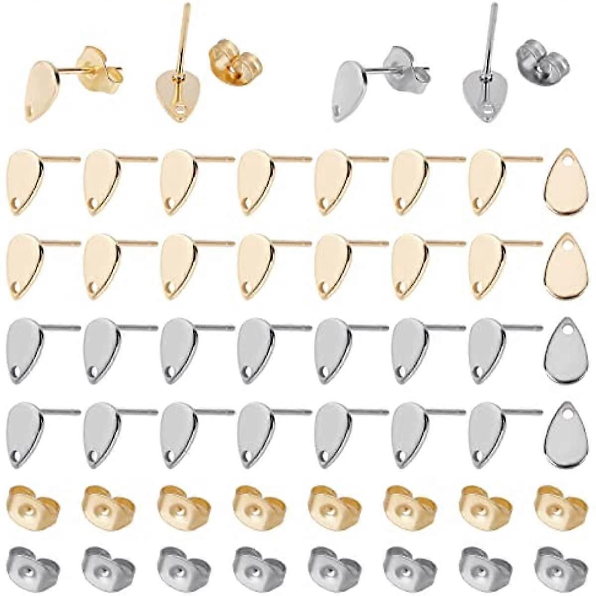 40pcs 2 Colors Stainless Steel Teardrop Shape Earring Studs with Loops 12mm Long Flat Round Stud Earring Findings with 40pcs Ear Nuts DIY Earring Maki