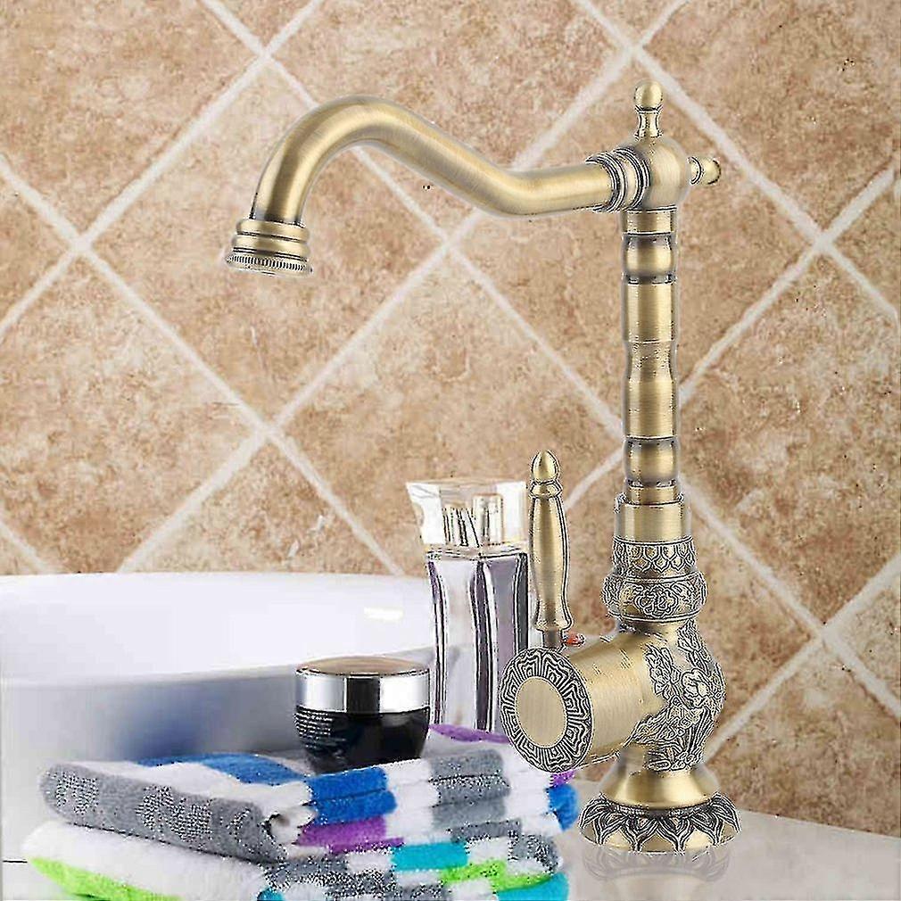 Exquisite Carved Copper Water Basin Sink Brass Faucet Single Hole Mixer Tap