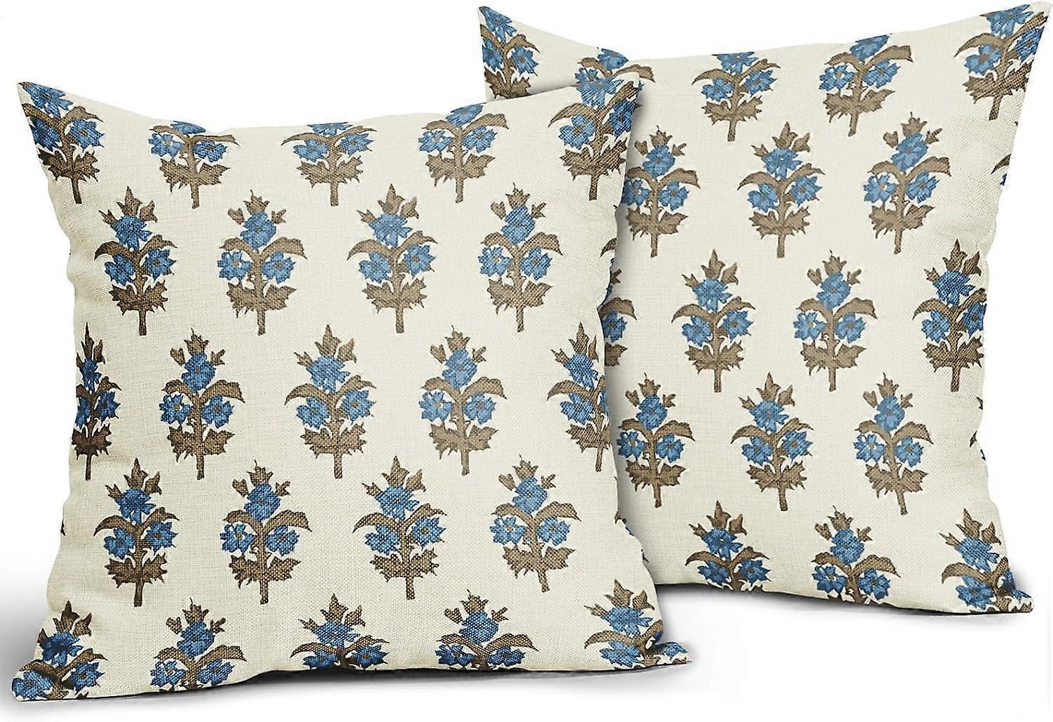ブラウンブルーの花の枕カバー16x16 2つの春の花の葉のセットは、装飾的なスロー枕カバー屋外の農家の装飾ソファのために