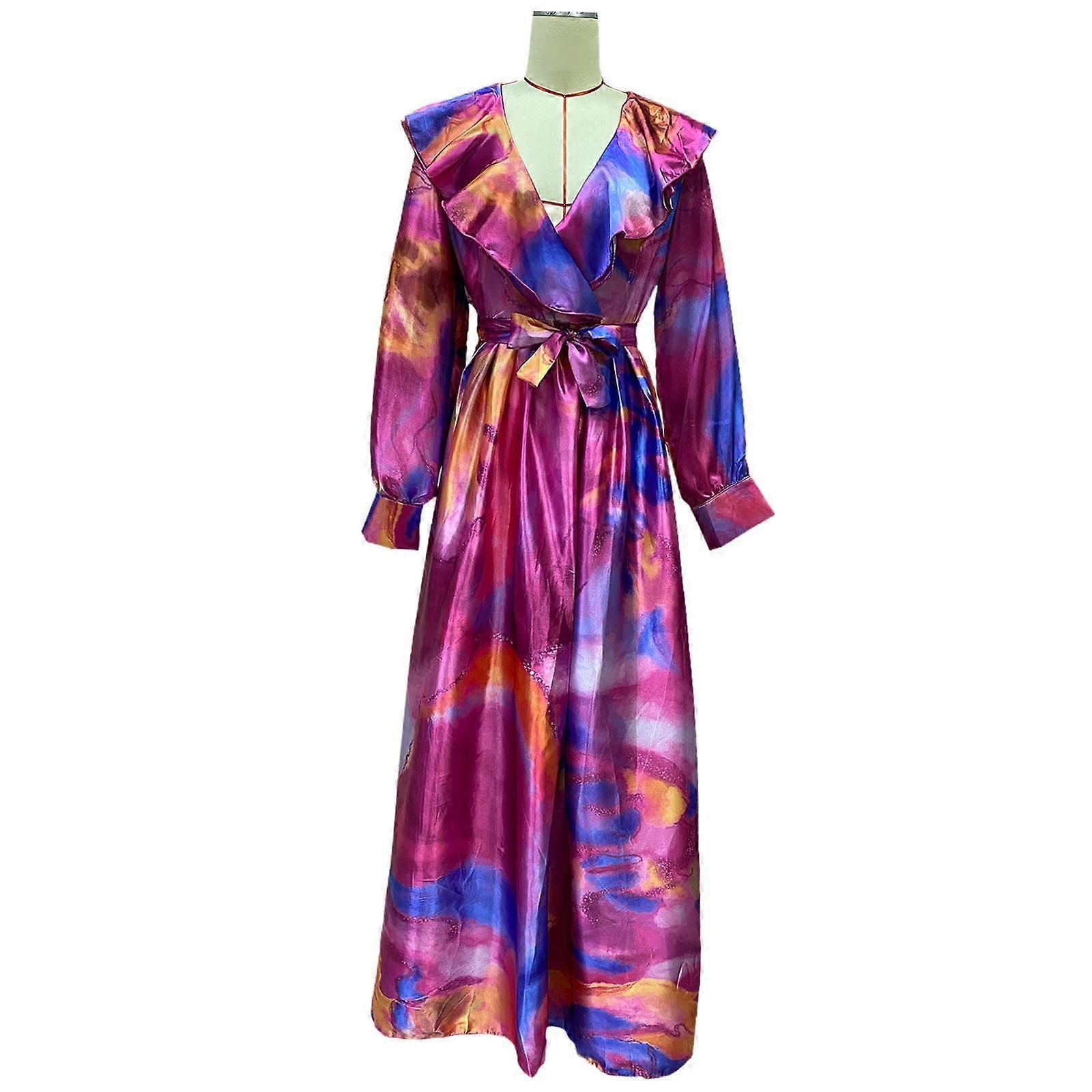 Robe longue à manches longues, élégante, col en V, pour soirée, mariage, printemps, S