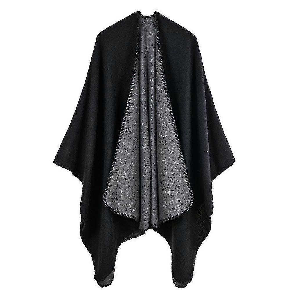 Cashmere Feel Poncho Dual Colored Shawl Wrap With Open Front Long Sweater Coat