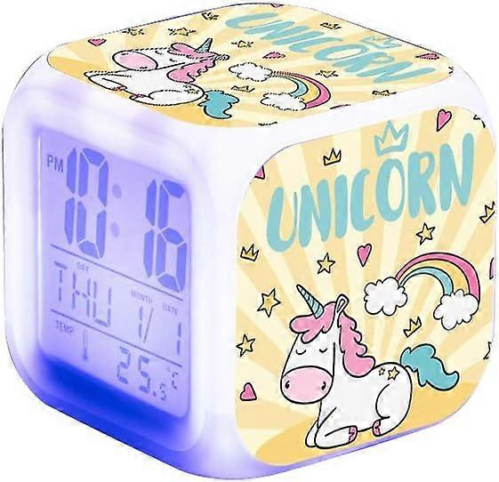LED Unicorn Digital Travel Alarm Clock Soft Nightlight, Large Display Time & Month & Date & Alarm, Music Sound Alarm & Mini Sized (Yellow)