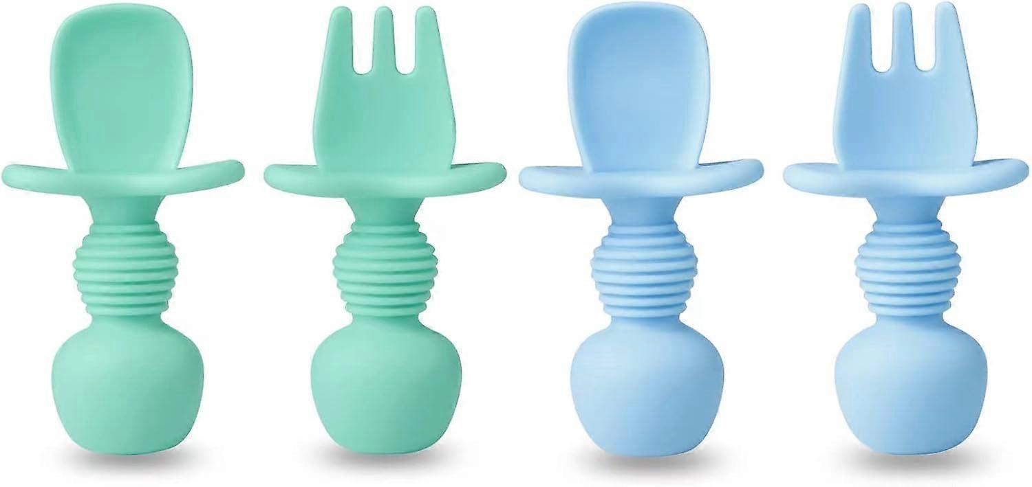 4 Pack Silicone Baby Spoons and Fork Feeding Set- Anti-Choke First Self Feeding Utensils for Baby Led Weaning Ages 3 Months (Cyan+Blue)