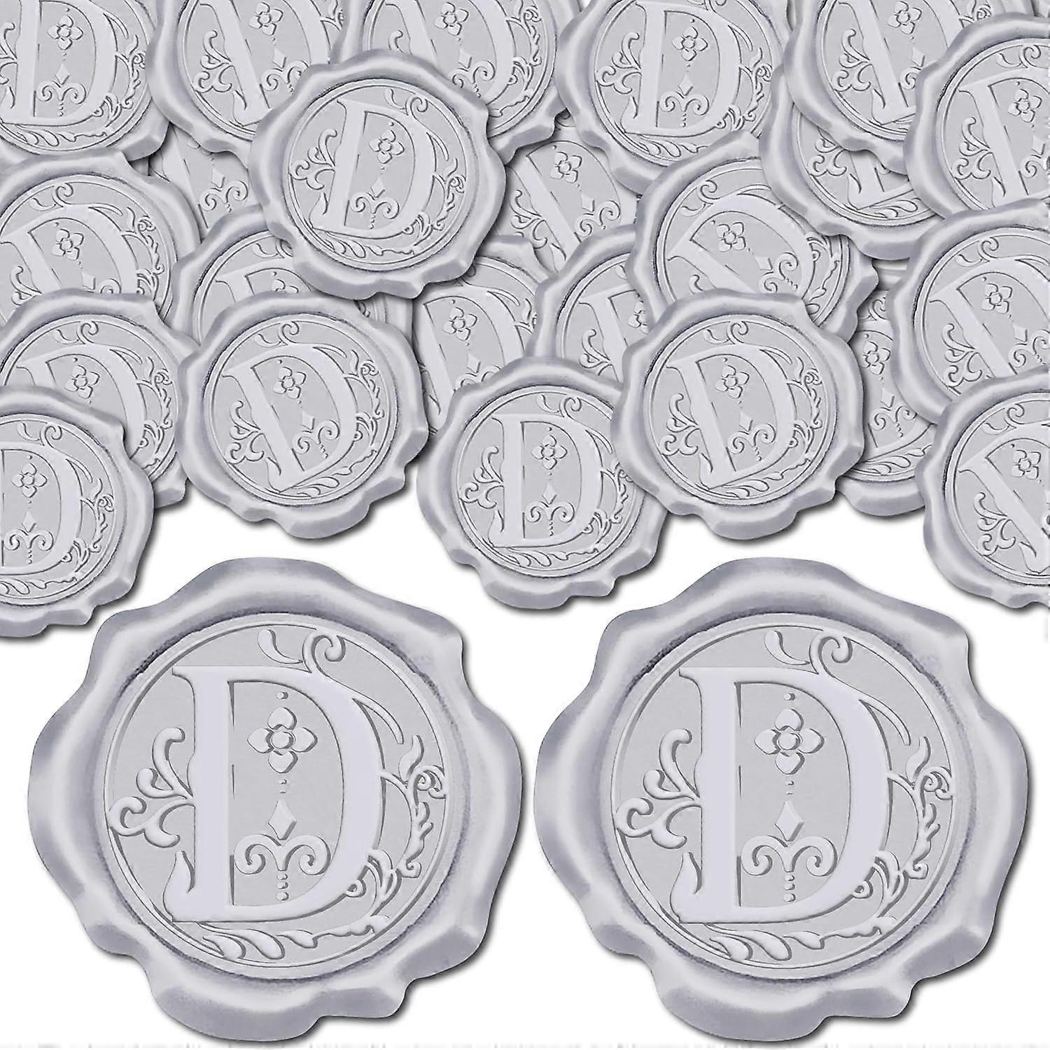 50Pcs Letter D Wax Seal Sticker Alphabet Initial Silver Vintage Self Adhesive Seal Stickers Sealing Label Decal for Envelope Invitations Gift Wrapping