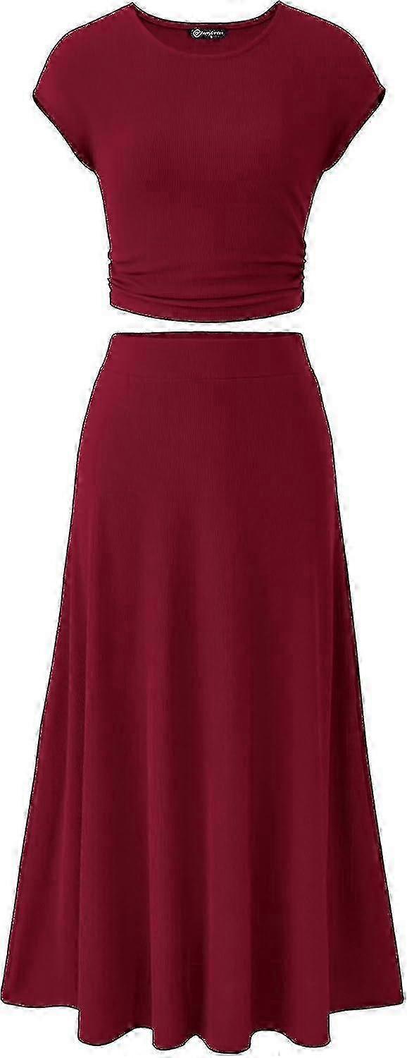 Women's 2 Piece Summer Outfits Dressy Casual Knit Short Sleeve Crop Top High Waist Midi Skirt Set