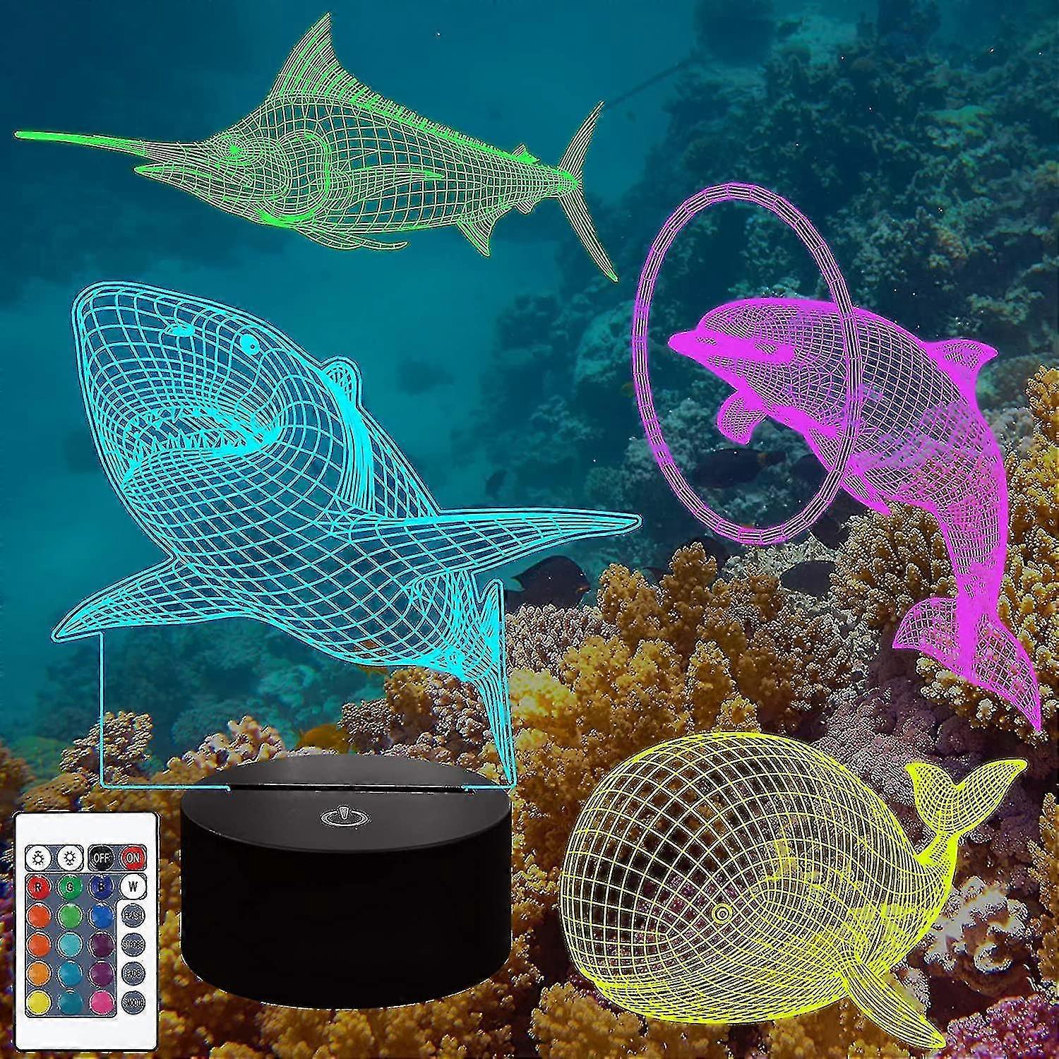 Shxx Ocean Sea Animals 3d Lamp Kits,dolphin, Marlin,shark,whale 3d Night Light For Kids (4 Patterns) With Remote Control 16 Colors Changing Dimma3