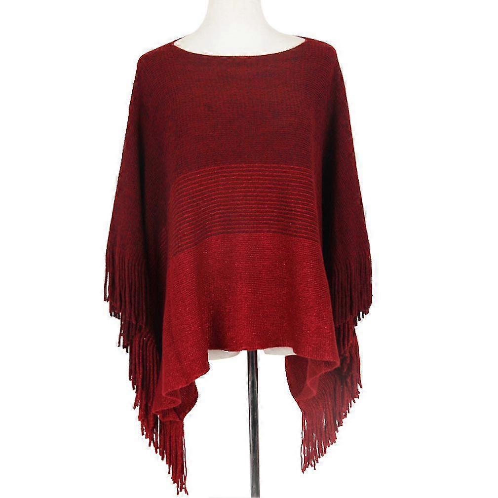 Pullover Poncho Gredient Cape with Tassel Loose Sweater Coat for Lady